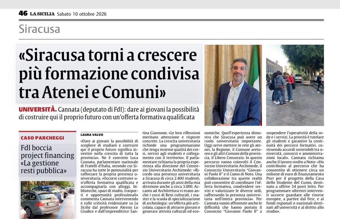 Pagina de La Sicilia sull’intervento di Luca Cannata per l’università a Siracusa